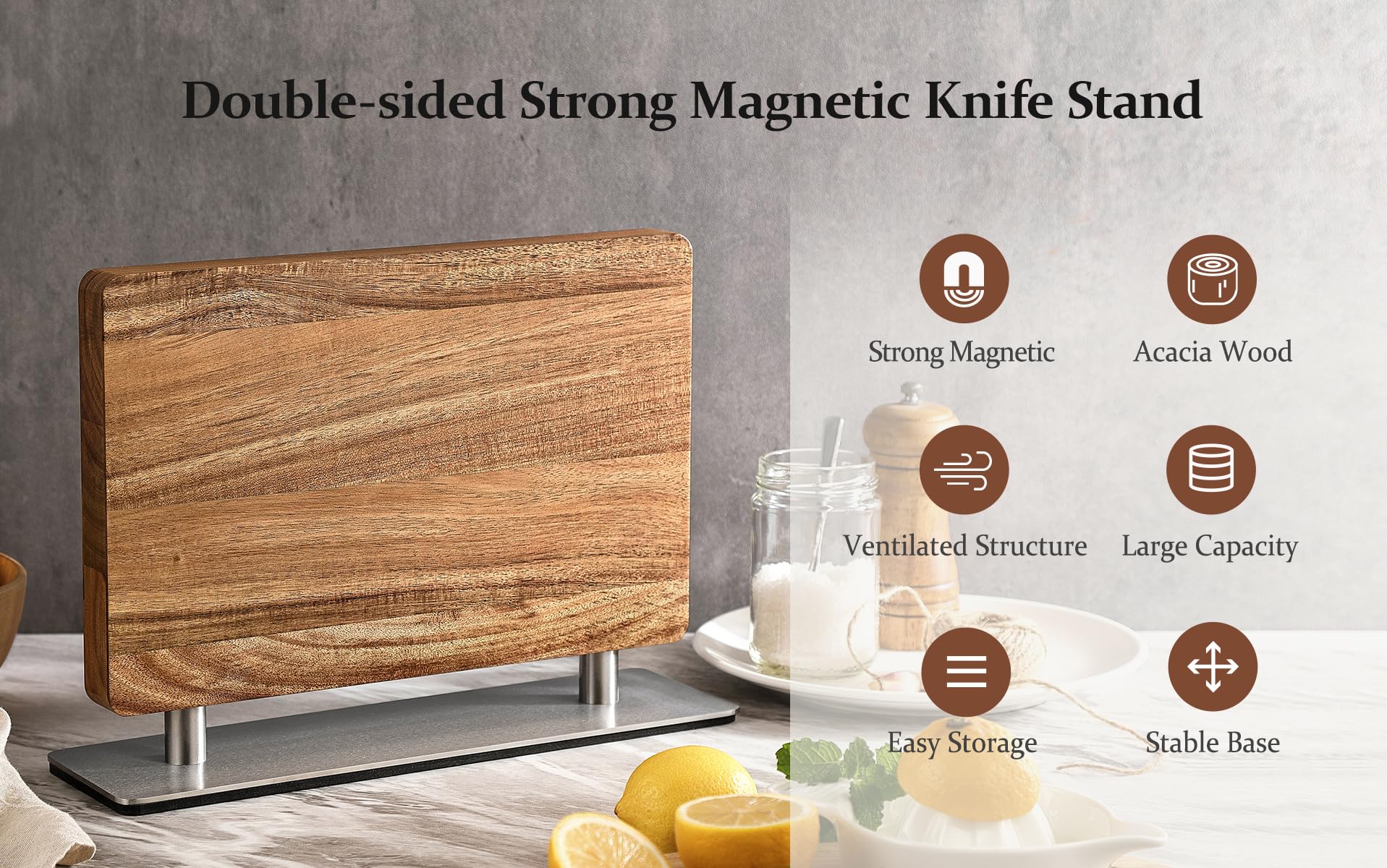 Strong Double Sided Magnetic Knife Block Without Knives, with Acacia Wood+430 Stainless Steel Base，Magnetic Universal Stands with Strong Enhanced Magnets Strip Kitchen Storage Cutlery Large Organizer