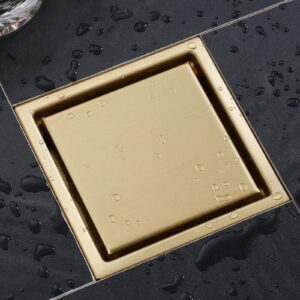 4 Inch Gold Shower Drain, SUS304 Stainless Steel Square Bathroom Floor Drain with Flange Reversible 2-in-1 Cover Insert Tiles for Filtering, Brushed Gold