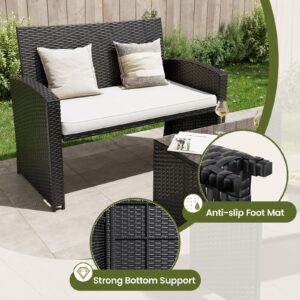 Amopatio Outdoor Furniture Set,4 Pieces Black Rattan Wicker Conversation Sets Sectional Sofa with White Cushions