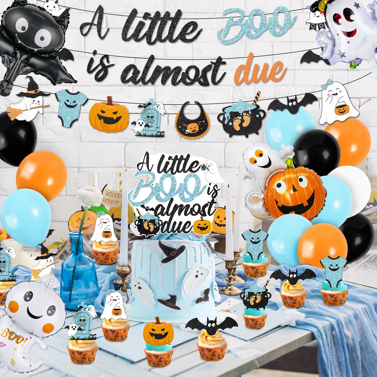 53Pcs Blue Halloween Baby Shower Decorations Include A Little Boo is Almost Due Banner Ghost Bat Monster foil Balloons Cake Topper and Latex Balloons for kids Halloween Boo Baby Shower Party Supplies