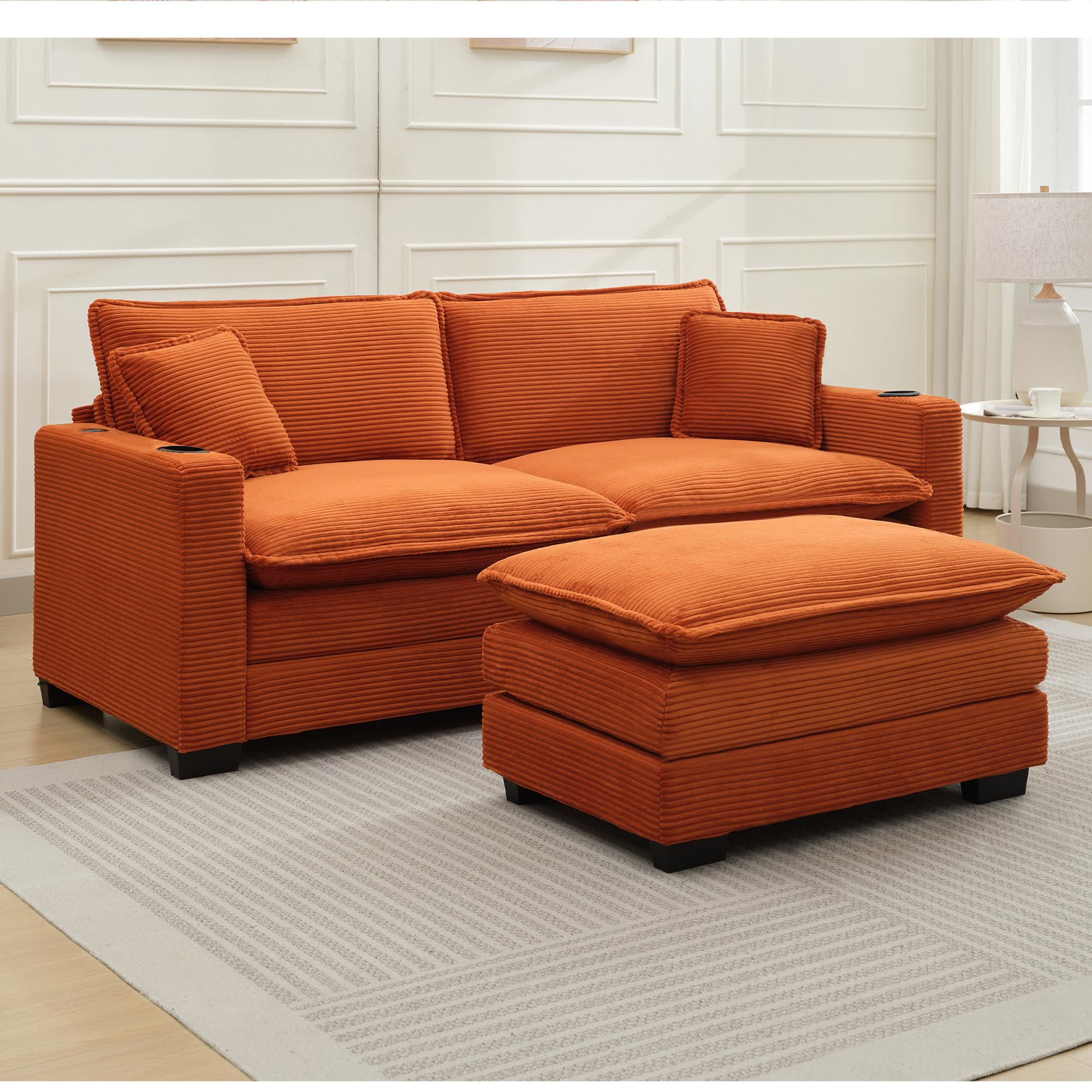 GNIXUU 82.7" L Shaped Sectional Couch with USB Port & Cup Holders, Cloud 2-seat Loveseat Sofa with Ottoman, Comfy Corduroy Modular Sofa for Small Living Room, Apartment, Office.Orange