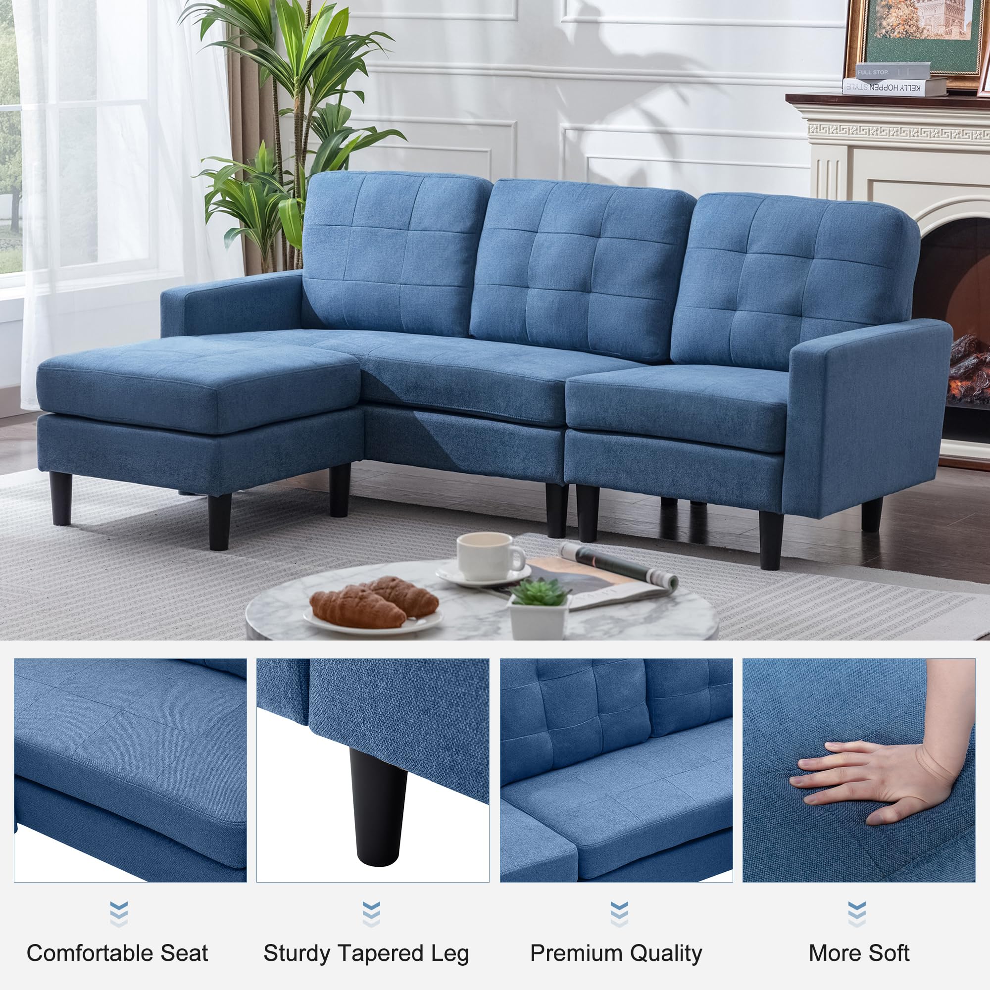 VECELO Convertible Sectional Sofa, Modern Linen Fabric L-Shaped Couch with Reversible Chaise for Living Room/Apartment/Office, Blue