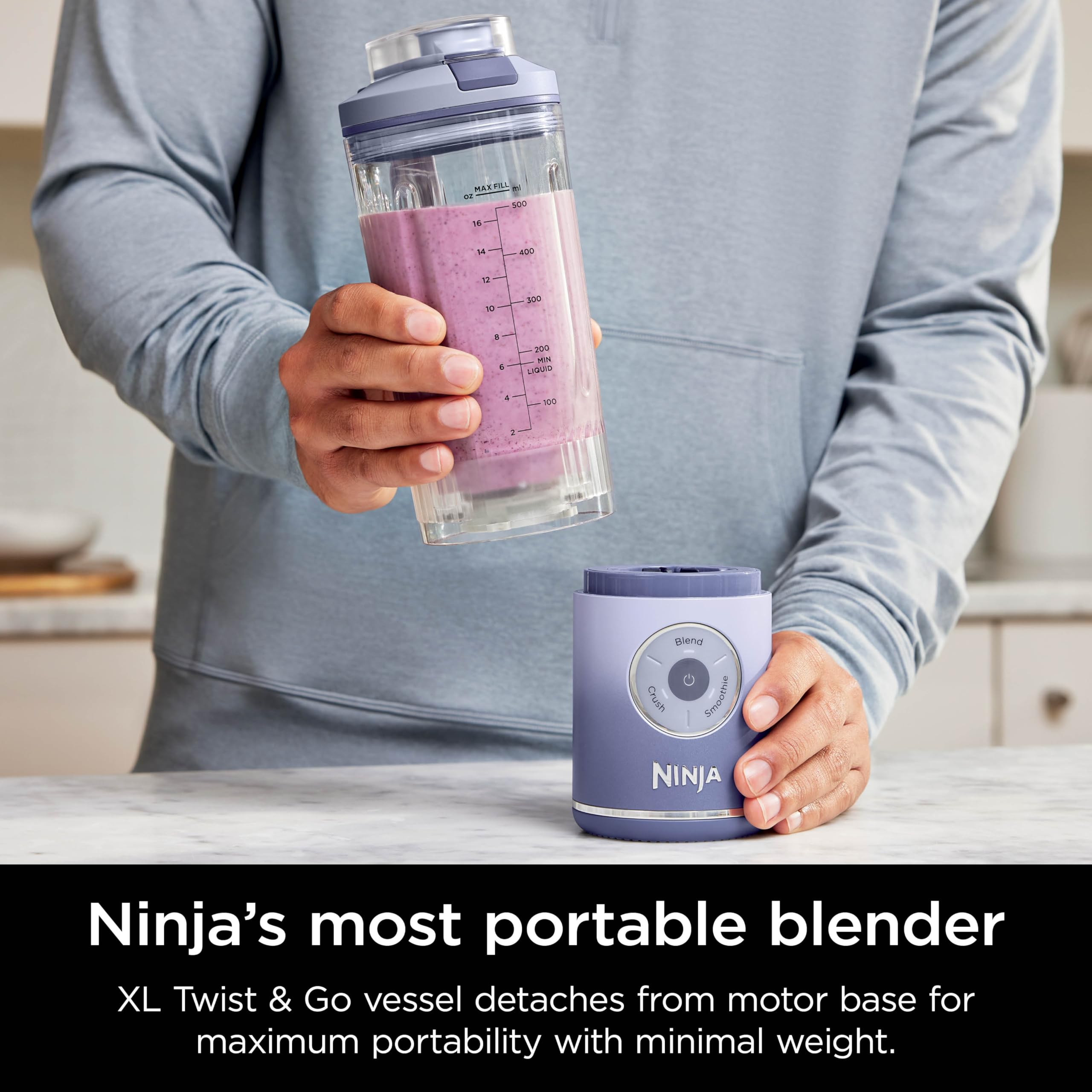 Ninja Blast Max, Portable Blender + Twist & Go, Personal Blender, Ninja Blender, Smoothie, Blend, Ice Crush, 3 Programs, Cordless, 22 oz removable Vessel, Dishwasher Safe, Leakproof, Lavender, BC251LD