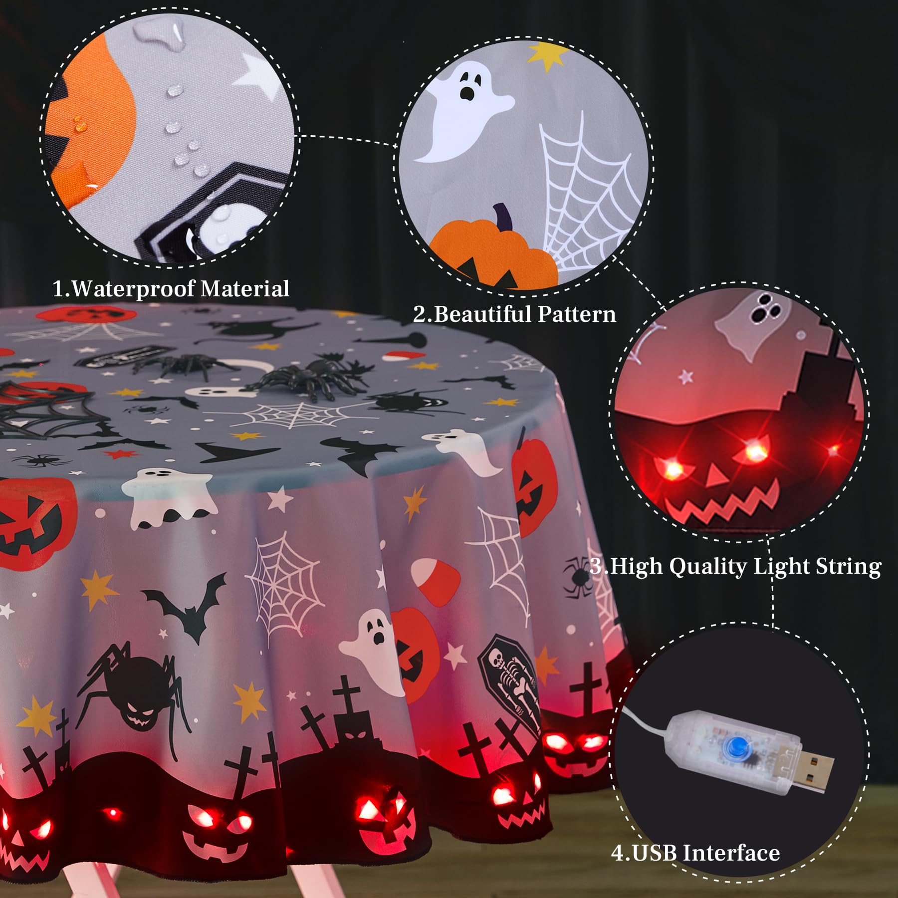 Suppromo Halloween Tablecloth with Lights 60 Inch Round Waterproof Fabric Pumpkin Witches Bat Ghost Table Cloth for Halloween Party Everyday Dinner Table Decorations Halloween Table Cover