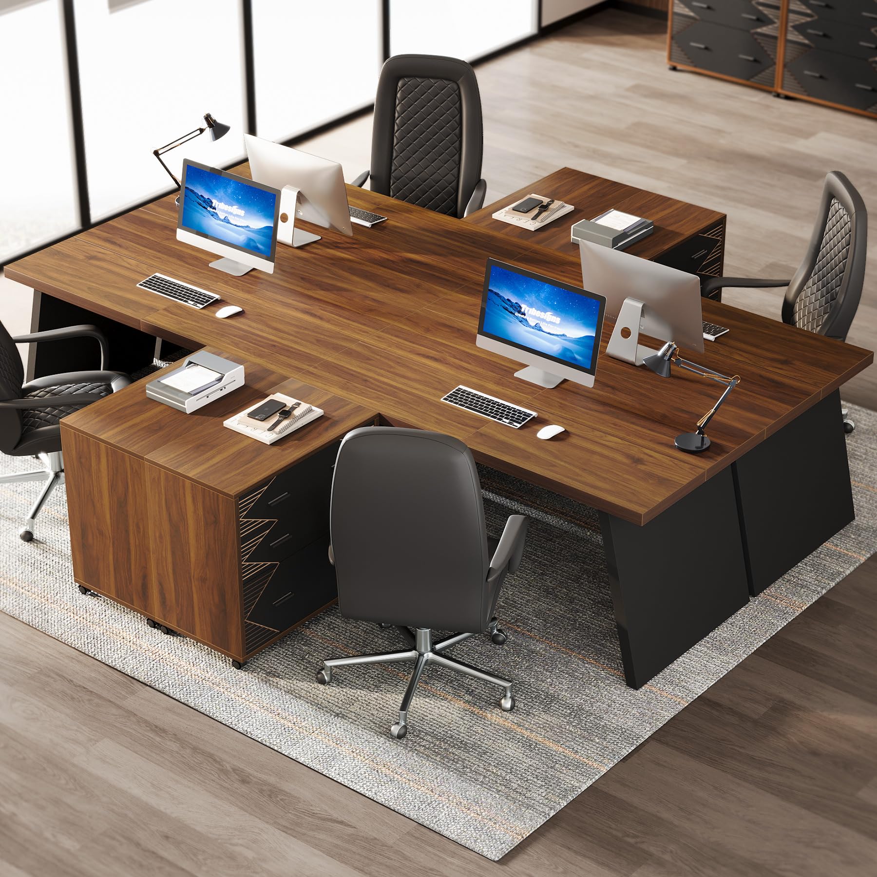 Tribesigns L-Shaped Executive Desk, 62" Large Home Office Computer Desk with 2 Storage Drawers and Letter Size File Cabinet, Workstation Business Furniture Set (Oak & Black)