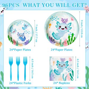 G1ngtar 96Pcs Blue Axolotl Party Plates Supplies - Cute Cartoon Axolotl Party Tableware Decorations Animals Disposable Paper Plates Napkins Forks for Kids Boy Birthday Baby Shower, Serves 24