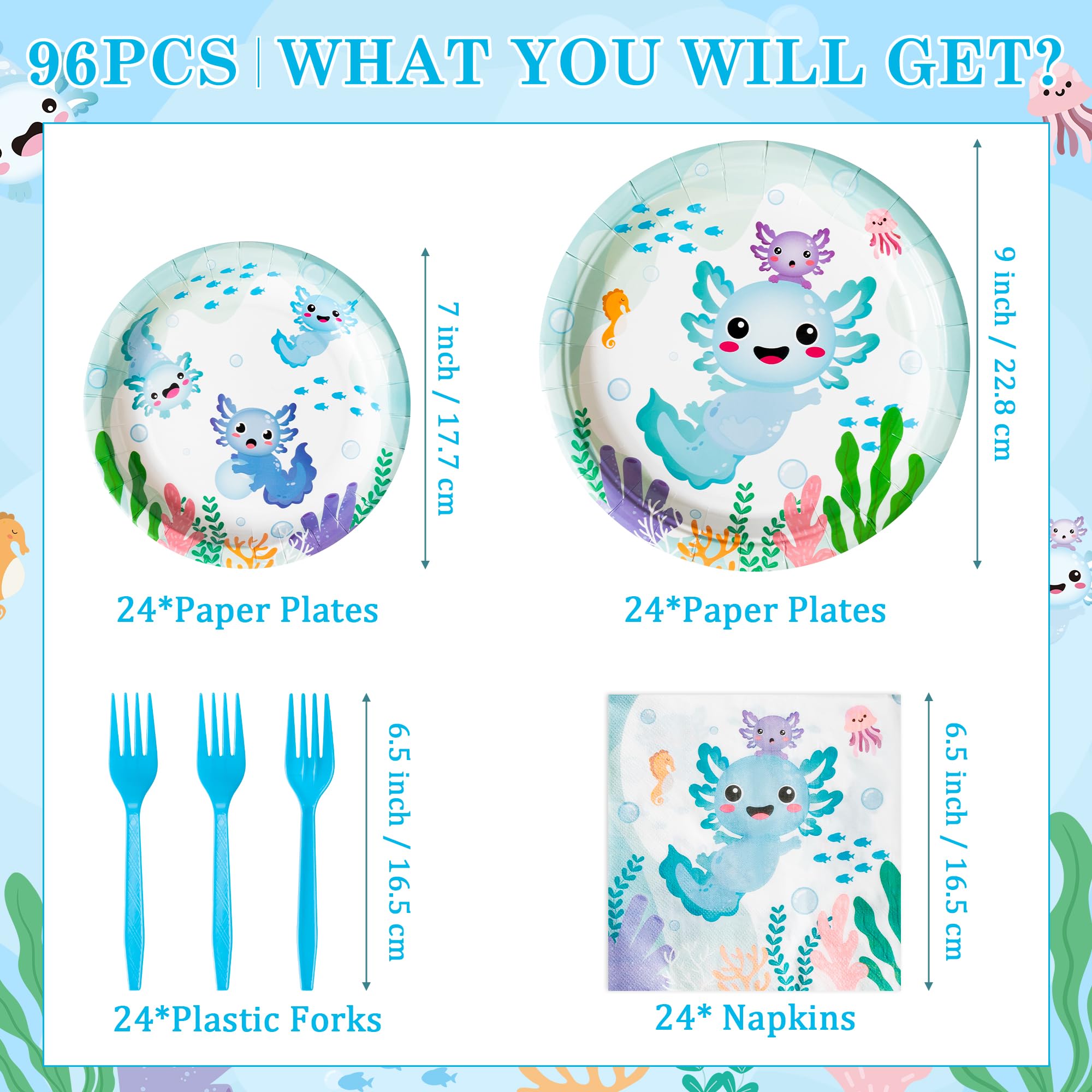 G1ngtar 96Pcs Blue Axolotl Party Plates Supplies - Cute Cartoon Axolotl Party Tableware Decorations Animals Disposable Paper Plates Napkins Forks for Kids Boy Birthday Baby Shower, Serves 24