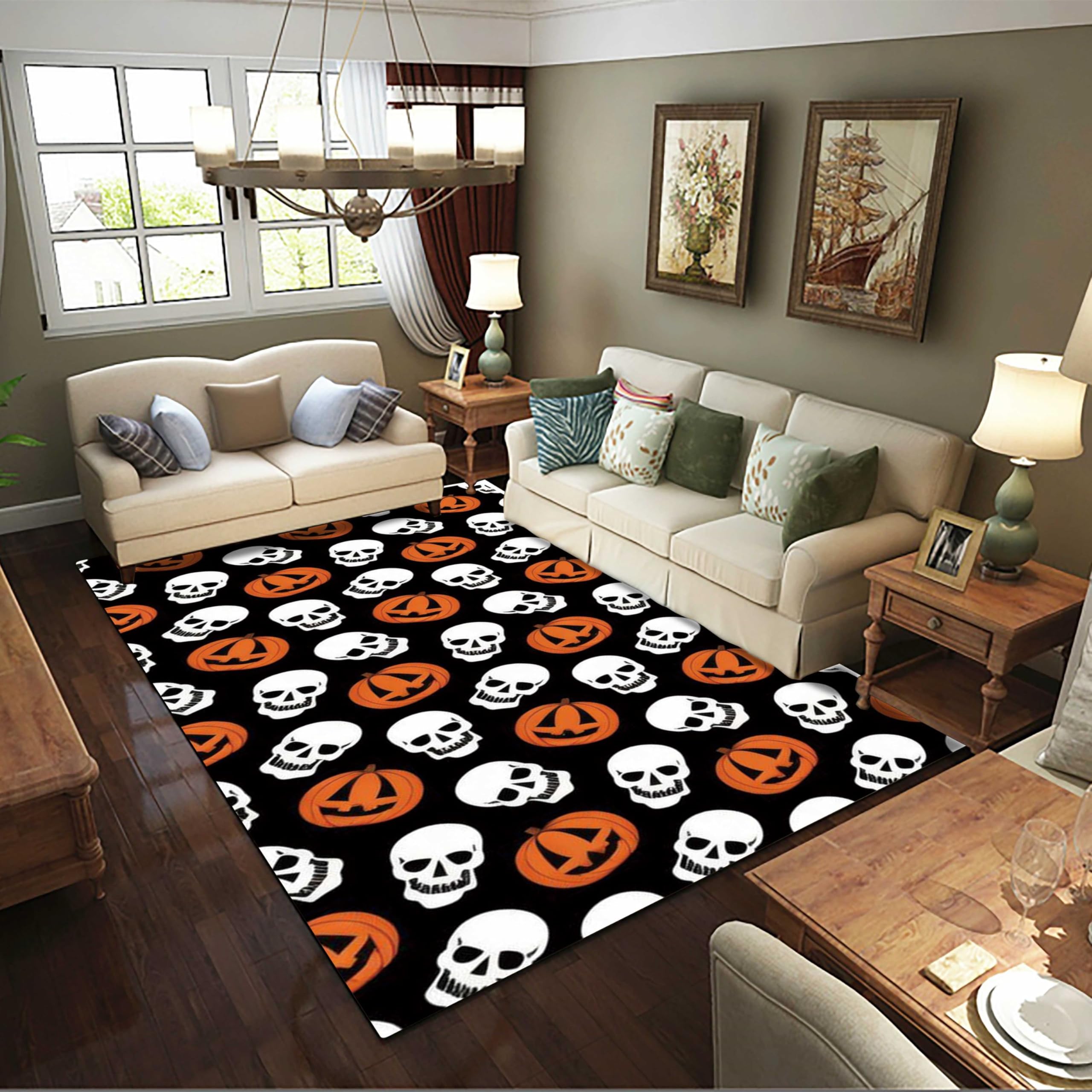 PDENZG Halloween Skull Rug, 3x4ft,Washable Halloween Rugs,Gothic Rugs for Living Room, Indoor Gothic Decor Halloween Floor Mat，Funny Pumpkin Rug, for Living Dining Room Bedroom Dining Room 。