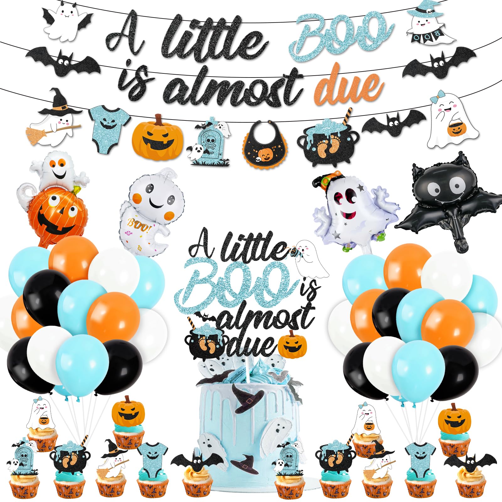 53Pcs Blue Halloween Baby Shower Decorations Include A Little Boo is Almost Due Banner Ghost Bat Monster foil Balloons Cake Topper and Latex Balloons for kids Halloween Boo Baby Shower Party Supplies