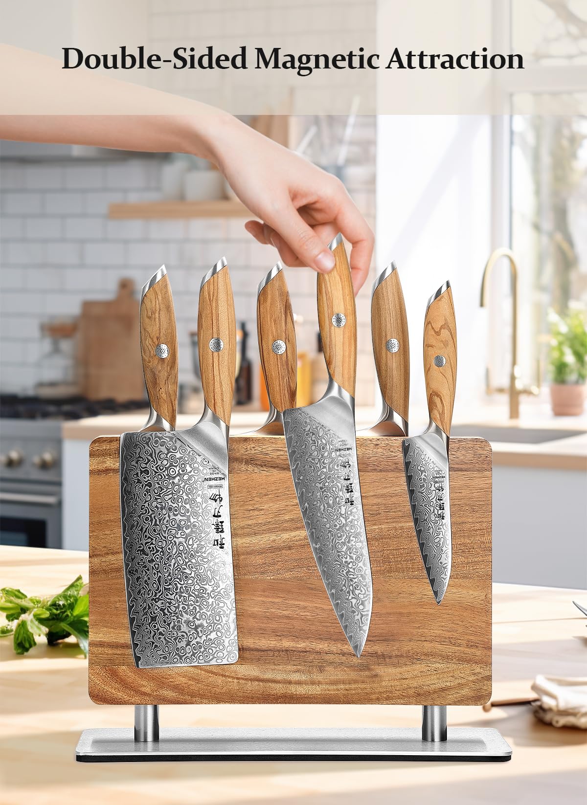 Strong Double Sided Magnetic Knife Block Without Knives, with Acacia Wood+430 Stainless Steel Base，Magnetic Universal Stands with Strong Enhanced Magnets Strip Kitchen Storage Cutlery Large Organizer