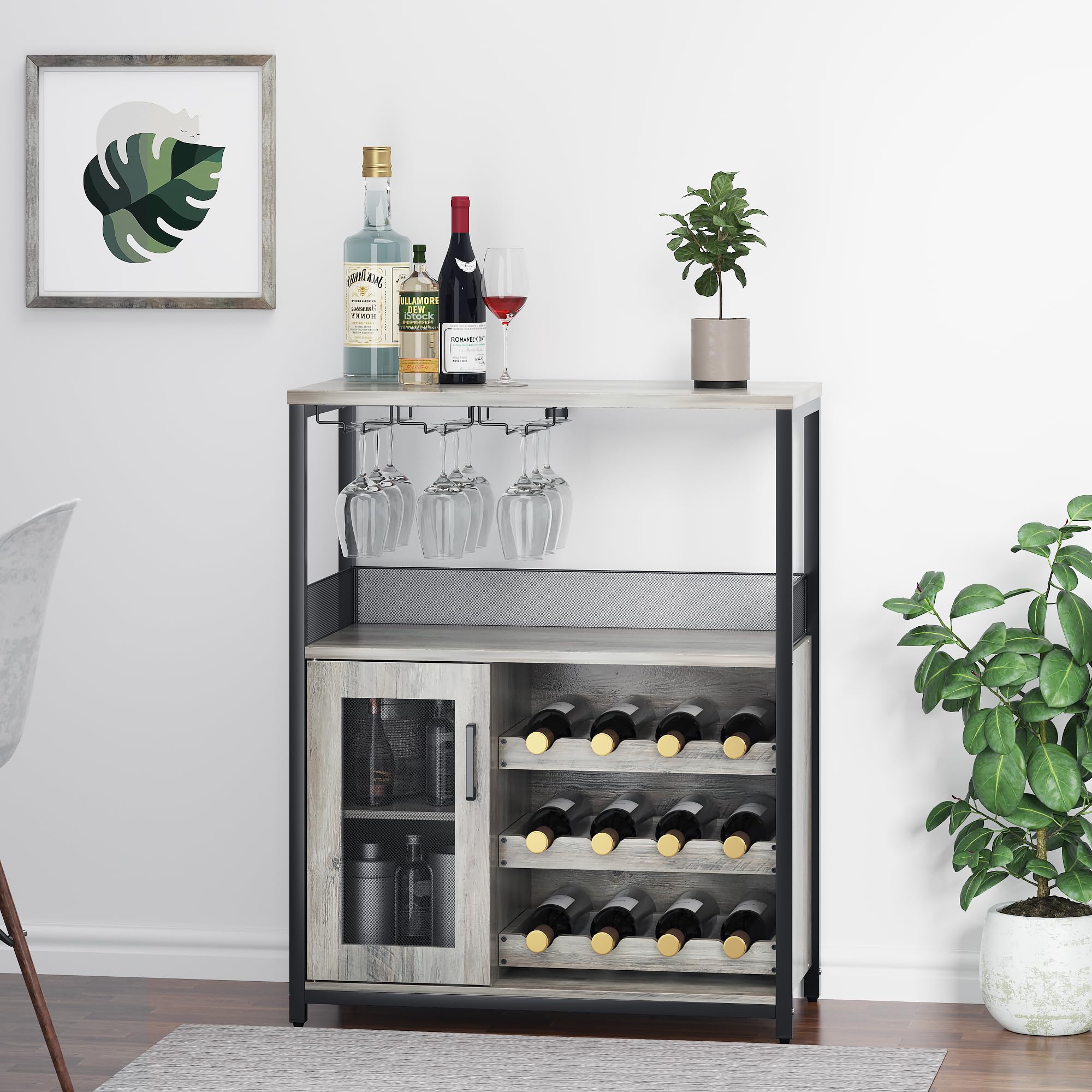 GAOMON Wine Bar Cabinet with Detachable Wine Rack, Bar Rack Cabinet with Glass Holder and 1 Drawer, Mesh Door, Small Sideboard and Buffet Cabinet for Liquor and Glasses