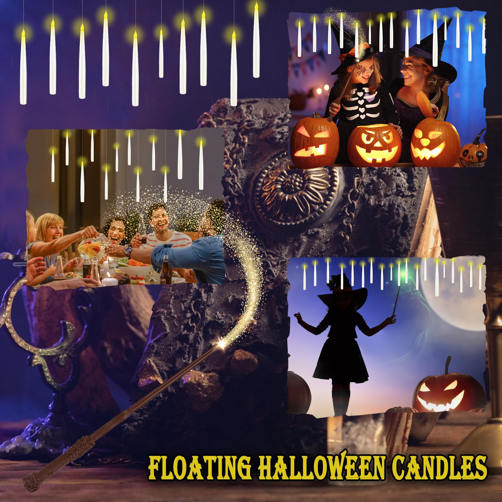 GTYZZH Floating Candles with Wand, 24PCS Hanging Candles with Remote Wand, Warmwhite Flickering Flameless Magic Floating Candle Lights for Halloween Christmas Decorations