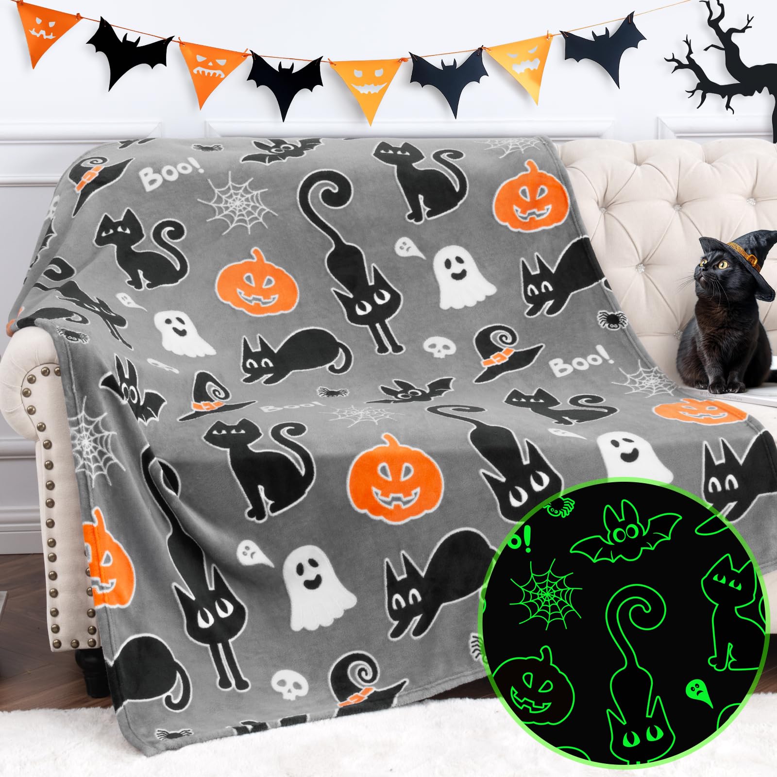 Halloween Decorations Gifts for Girls Boys Toys - Glow in The Dark Halloween Blanket Costumes for Kids 3 4 5 6 7 8 9 10 11 12 13 Years Old - Ghost Blanket with Boo Pumpkin Cat Bat Halloween Decor