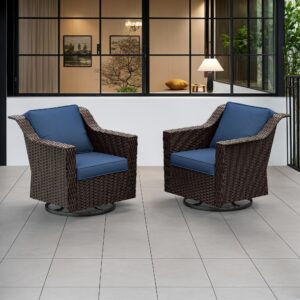 gardenbee patio chairs set of 2, with 4" premium cushions, glide and 360 degree swivel, brown rattan wicker chairs outdoors, indoors, navy