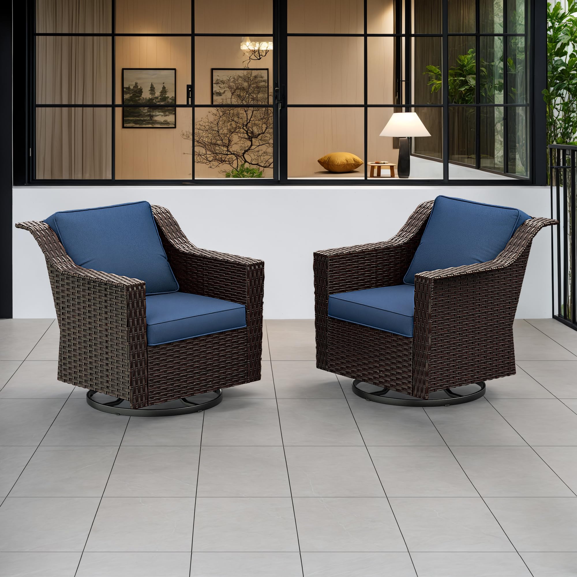 Gardenbee Patio Chairs Set of 2, with 4" Premium Cushions, Glide and 360 Degree Swivel, Brown Rattan Wicker Chairs Outdoors, Indoors, Navy