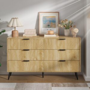 6 Drawer Double Dresser for Bedroom, Modern Dressers Chest of Drawers with Fluted Panel, Wide Wood Storage Dresser Organizer, Dresser TV Stand for Bedroom, Living Room (6Drawer-Wood-wu)