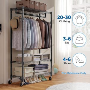 MZG Heavy Duty Rolling Garment Rack 3 Tiers Adjustable Wire Shelving Clothes Rack with Rods and Side Hooks,Storage Closet Clothing Rack with Wheels Black 15.7" D x 29.5" W x 74.5" H