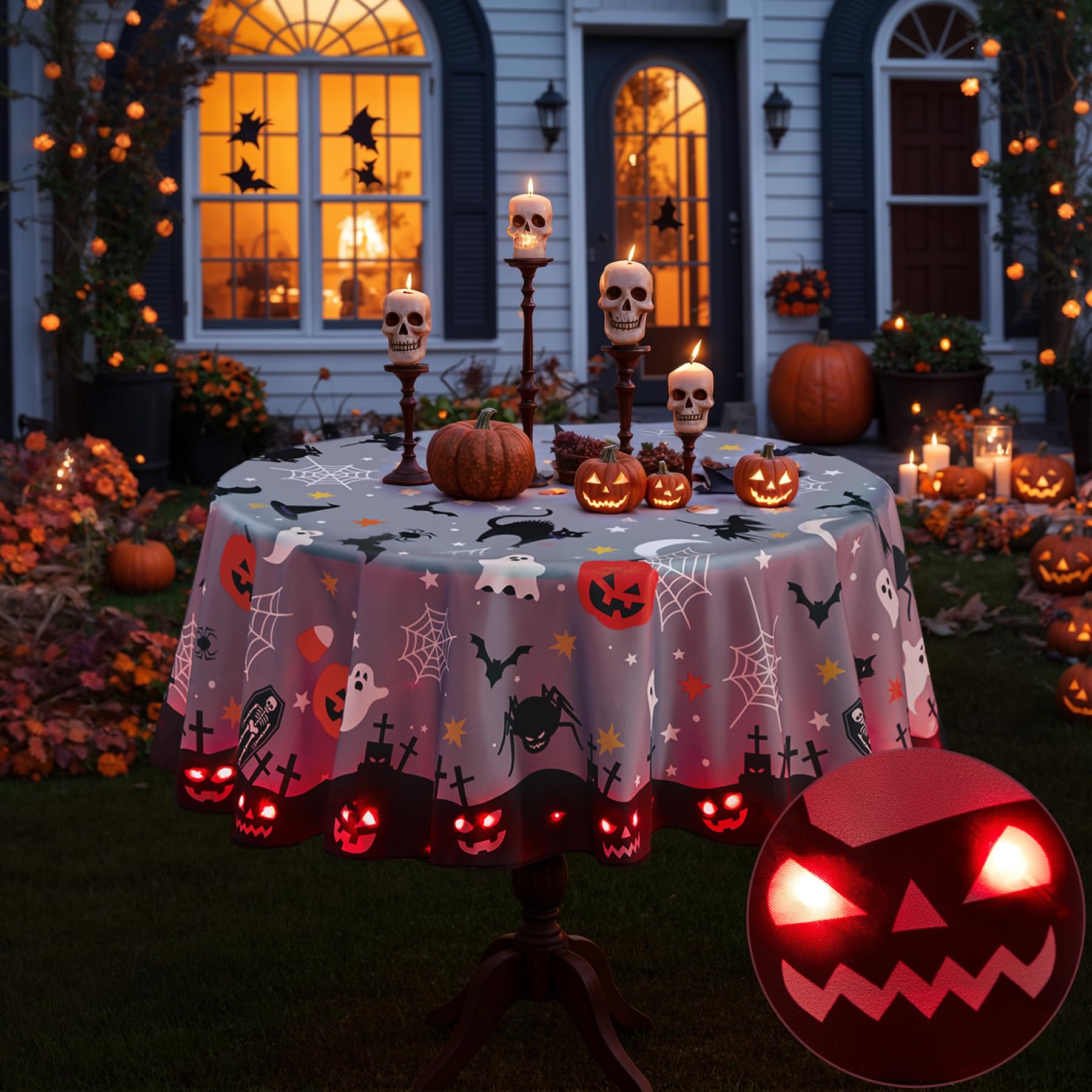 Suppromo Halloween Tablecloth with Lights 60 Inch Round Waterproof Fabric Pumpkin Witches Bat Ghost Table Cloth for Halloween Party Everyday Dinner Table Decorations Halloween Table Cover