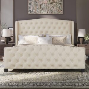 BRELTAM Upholstered Queen Size Bed Frame Velvet Beige Tufted Platform Bed Frame with Wingback Headboard & Footboard, with Deep Button Tufted & Nailhead Wooden Slats Support, No Box Spring Needed