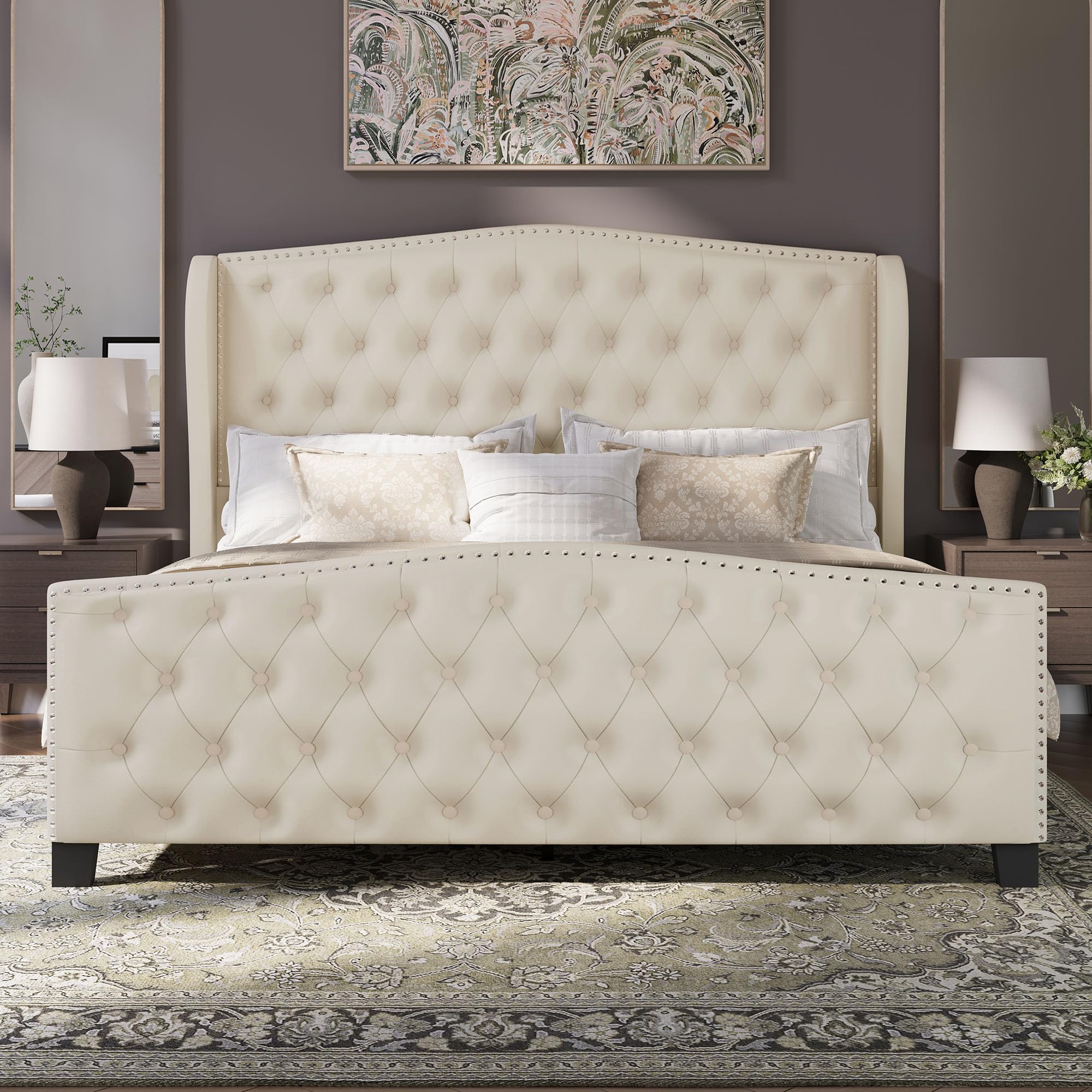 BRELTAM Upholstered Queen Size Bed Frame Velvet Beige Tufted Platform Bed Frame with Wingback Headboard & Footboard, with Deep Button Tufted & Nailhead Wooden Slats Support, No Box Spring Needed