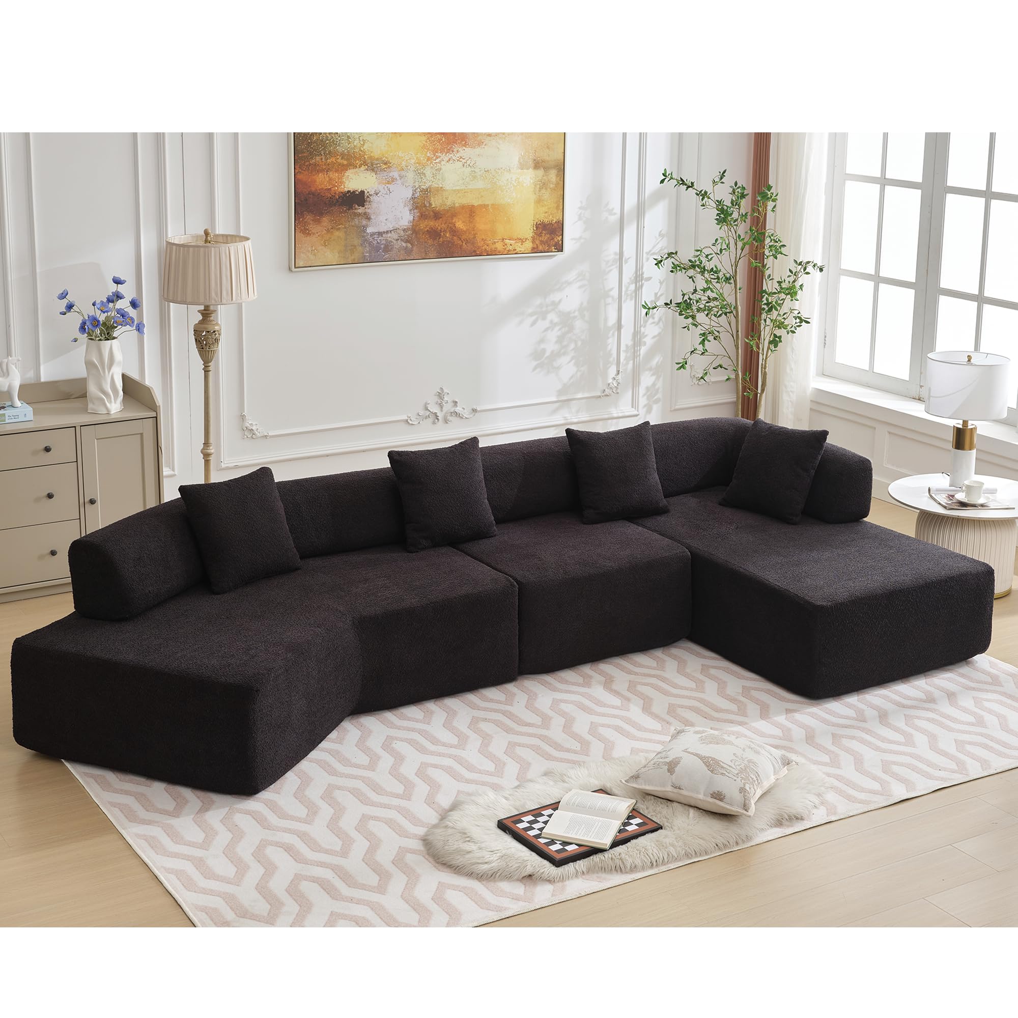 Tosaronia 140" Modern Sofa Couch, Modular Sectional Sofa Couch with Boucle Fabric, 4 Seats L-Shape Couch with Chaise for Livingroom, Office(Black)