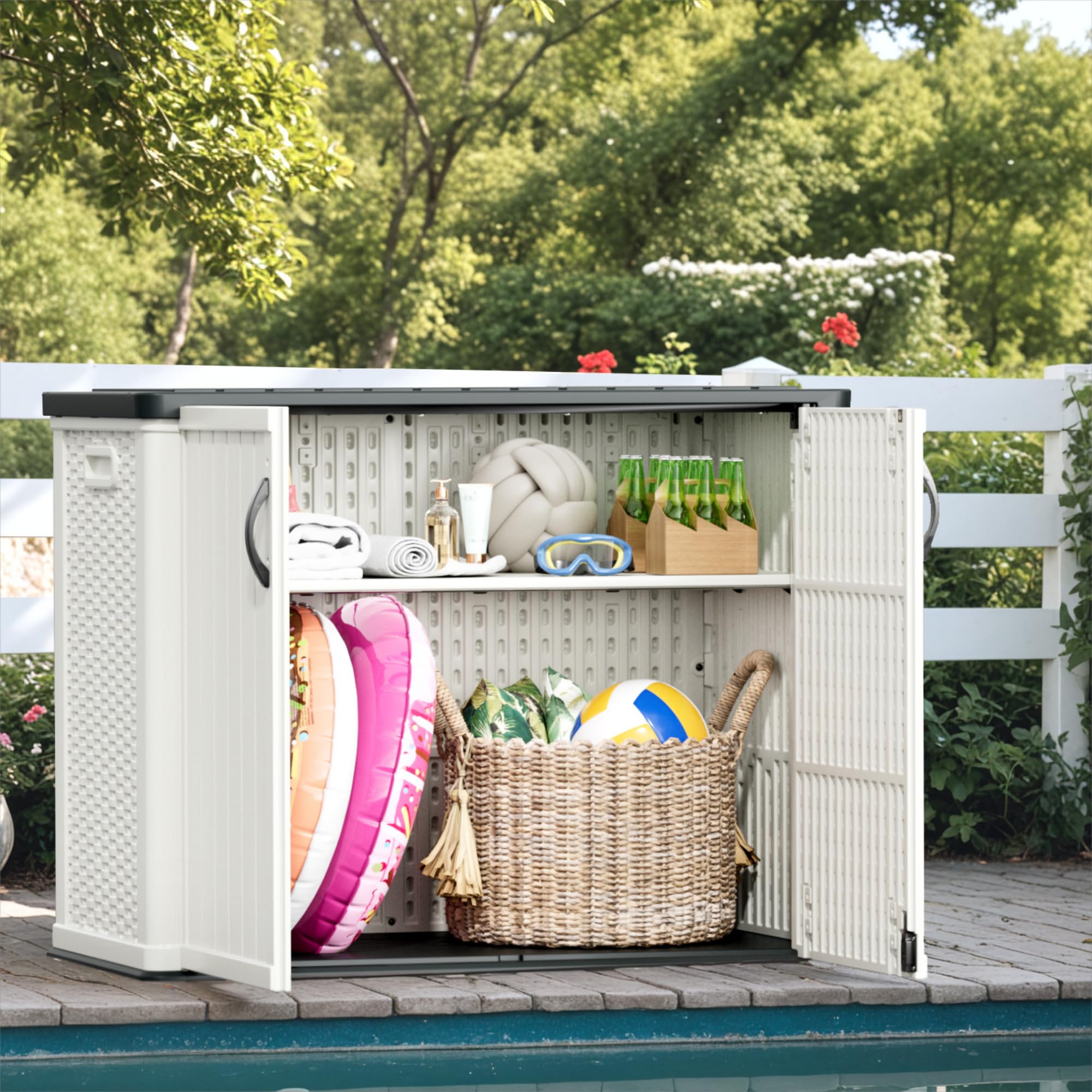 Greesum Outdoor Storage Deck Box Cabinet 150 Gallon, Horizontal Resin Storaged Shed, Pad-Lockable, Waterproof and UV Protection for Garden, Garage, Lawn, Without Shelf, White