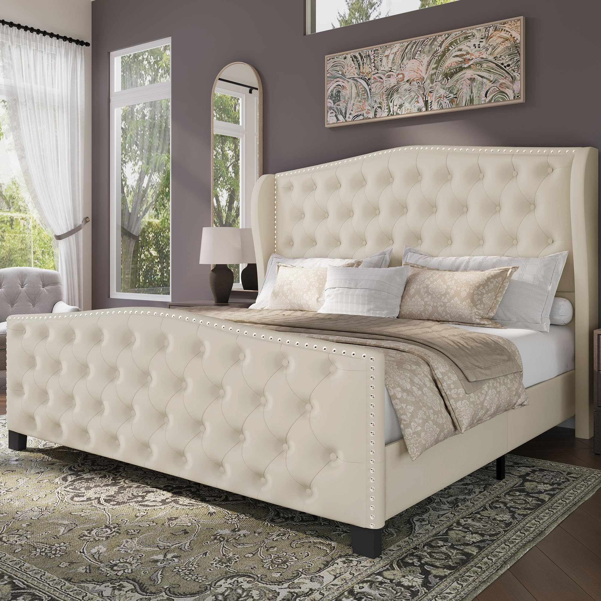 BRELTAM Upholstered Queen Size Bed Frame Velvet Beige Tufted Platform Bed Frame with Wingback Headboard & Footboard, with Deep Button Tufted & Nailhead Wooden Slats Support, No Box Spring Needed