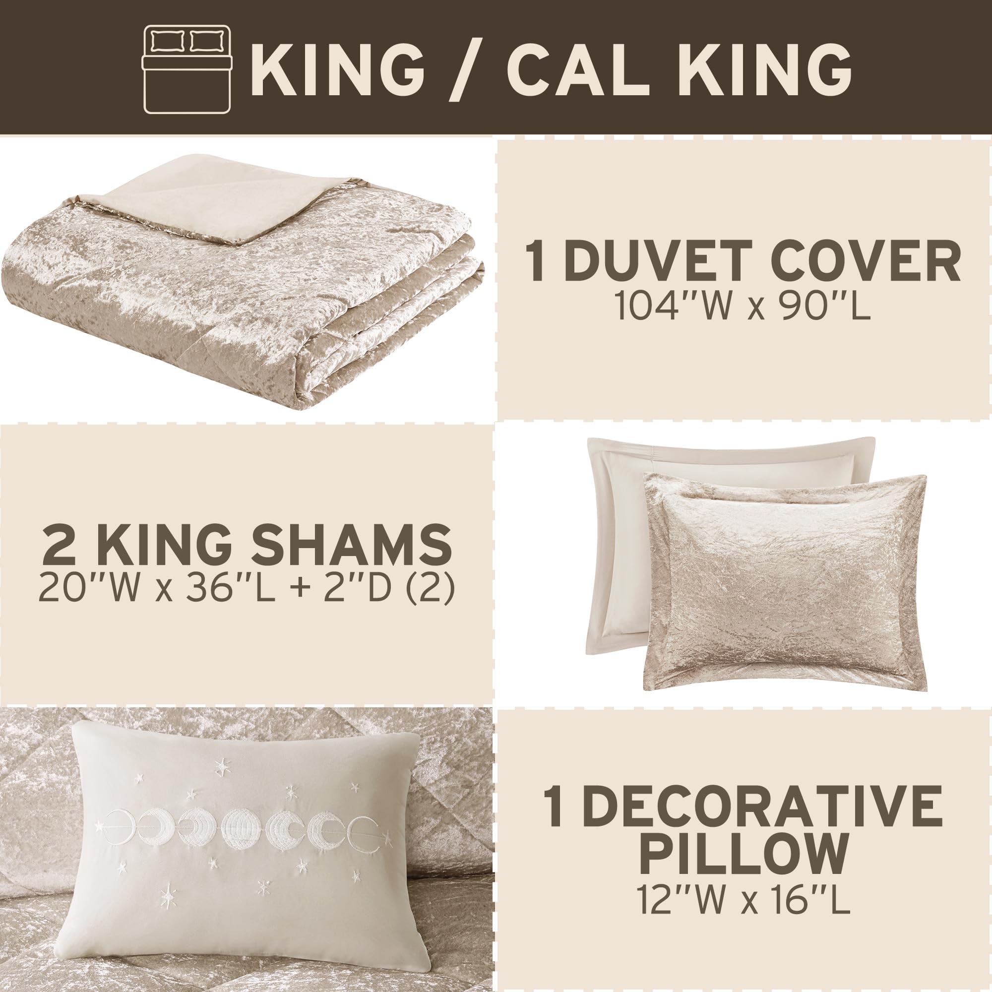 Intelligent Design King Duvet Cover Set, Velvet King Duvet Set, Luxury Diamond Quilting, Lustrous Duvet Cover, Fluffy Duvet Cover, Decor Pillow & 2 Shams, 4 Pieces, Felicia King/Cal King, Champagne