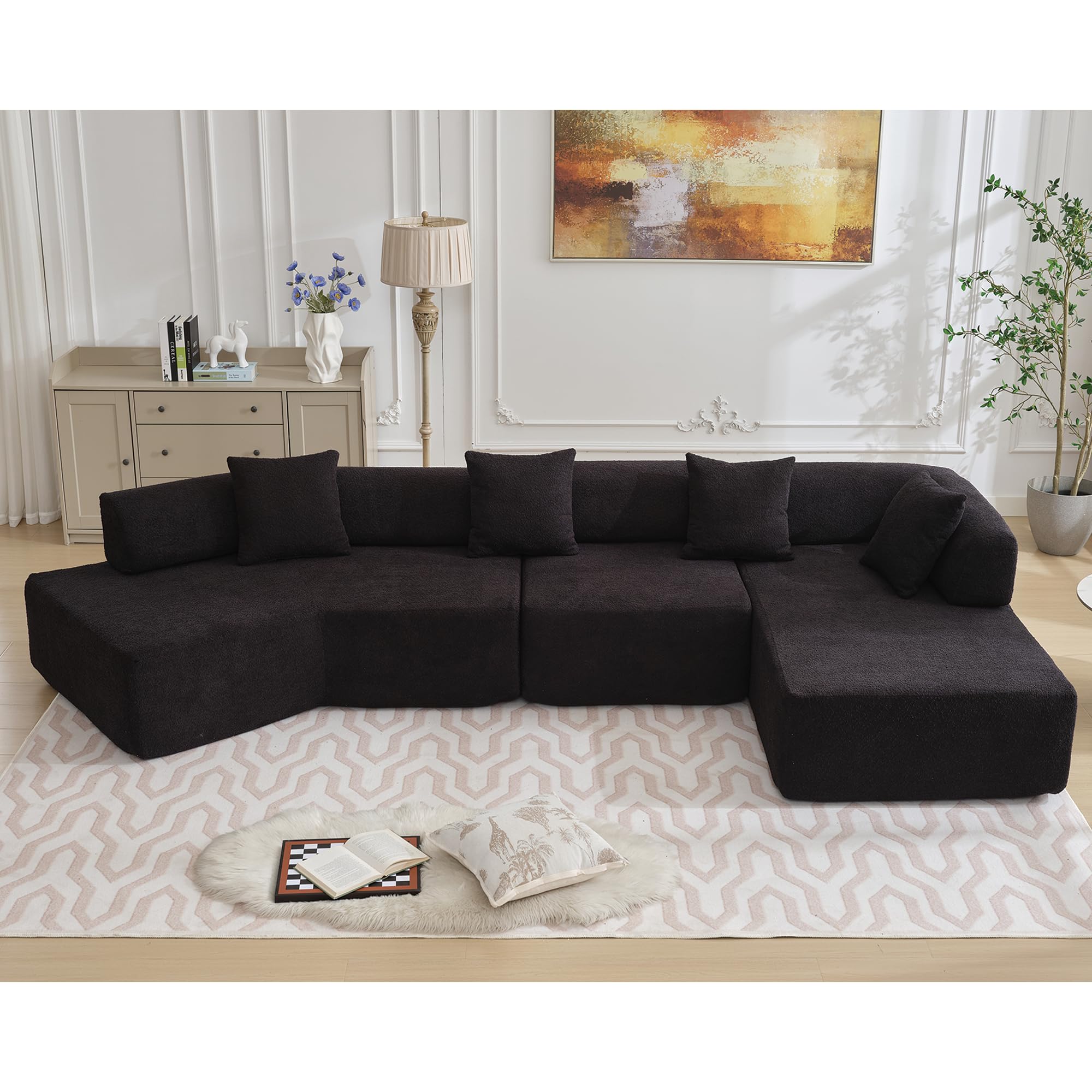 Tosaronia 140" Modern Sofa Couch, Modular Sectional Sofa Couch with Boucle Fabric, 4 Seats L-Shape Couch with Chaise for Livingroom, Office(Black)