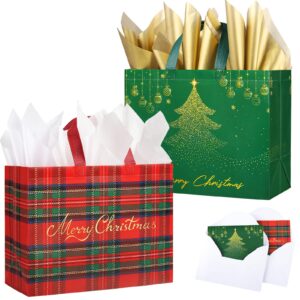 yangte 2 pack 13" large christmas gift bags with tissue paper, reusable non-woven christmas bag with handles for holiday presents wrapping, christmas tote bags for gifts wrapping xmas party favors