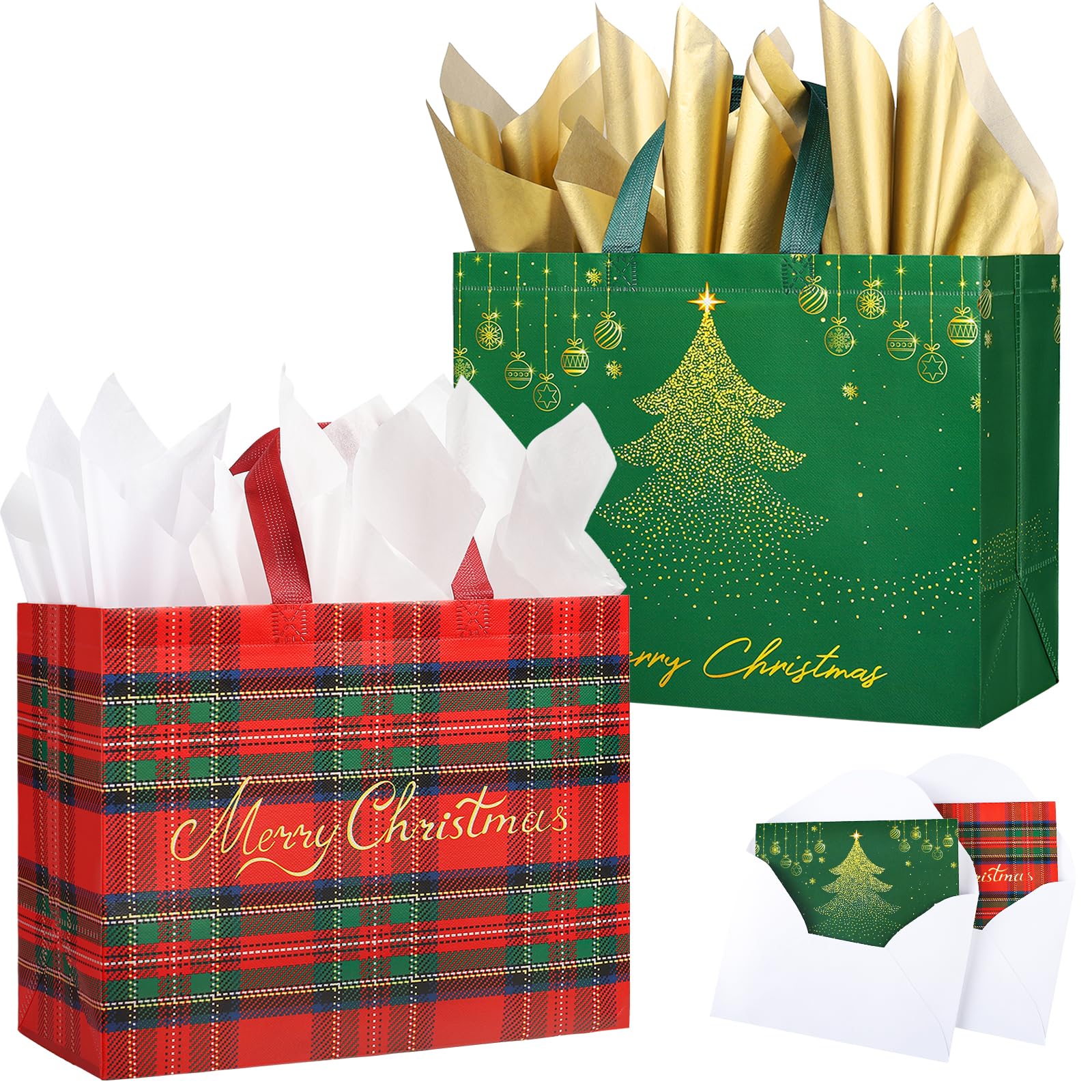 YANGTE 2 Pack 13" Large Christmas Gift Bags with Tissue Paper, Reusable Non-Woven Christmas Bag with Handles for Holiday Presents Wrapping, Christmas Tote Bags for Gifts Wrapping Xmas Party Favors