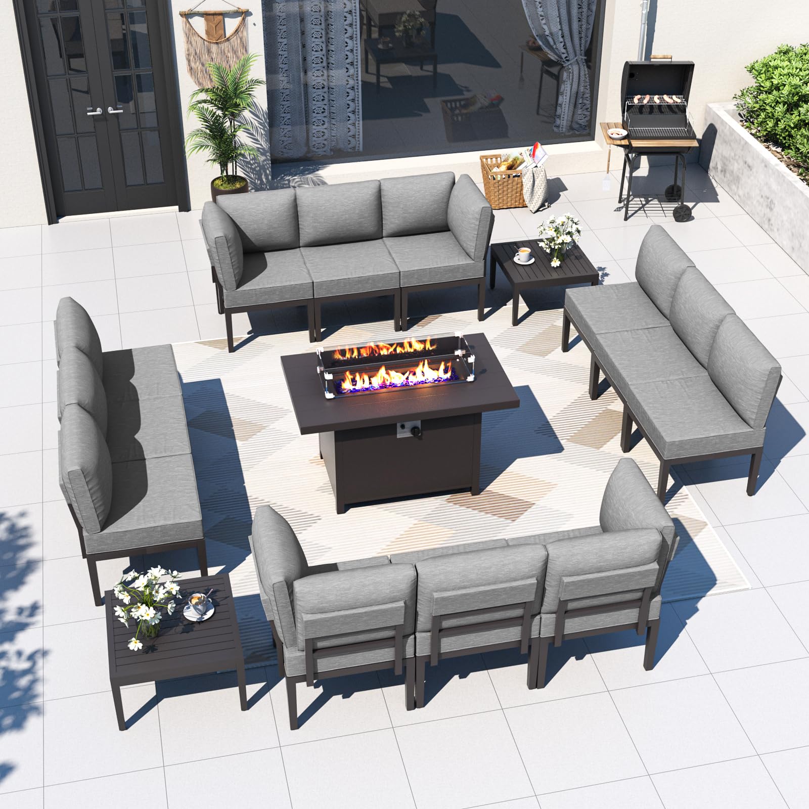 Kurapika 15 Pieces Metal Patio Furniture Set Modern Metal Outdoor Conversation Sets w/45in Propane Fire Pit Table, Patio Sectional Sofa w/5 Inch Cushion, Grey