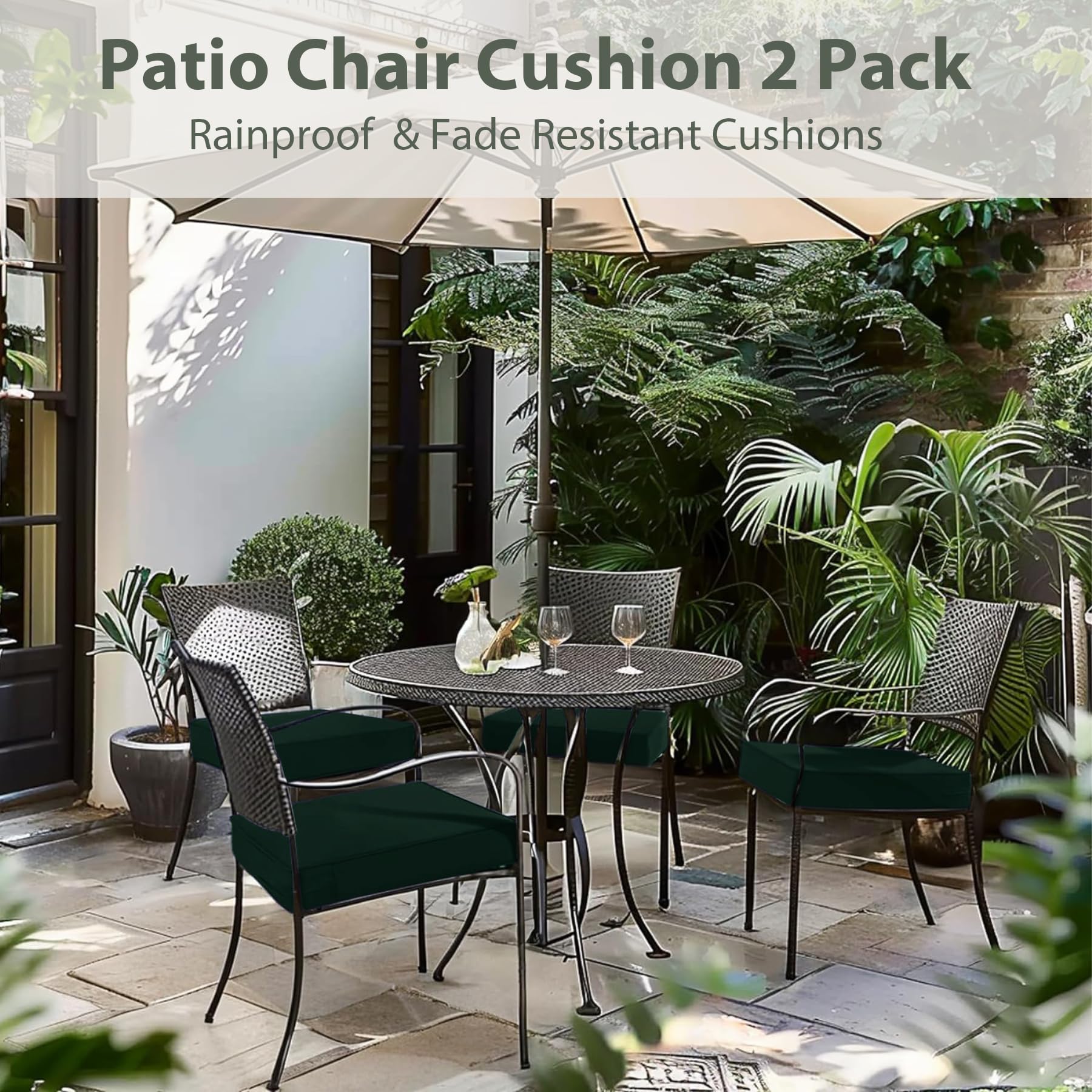 Favoyard Patio Chair Cushions 19×19×3 Inch Rainproof & 3-Year Color Resistant Seat Cushion for Outdoor Furniture with Removable Cover, Hidden Zipper, Handle & Attach Straps Set of 2, Green Floral