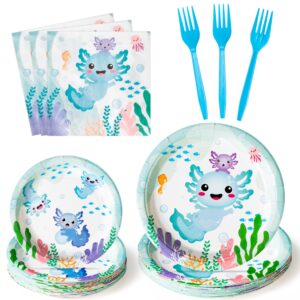 g1ngtar 96pcs blue axolotl party plates supplies - cute cartoon axolotl party tableware decorations animals disposable paper plates napkins forks for kids boy birthday baby shower, serves 24