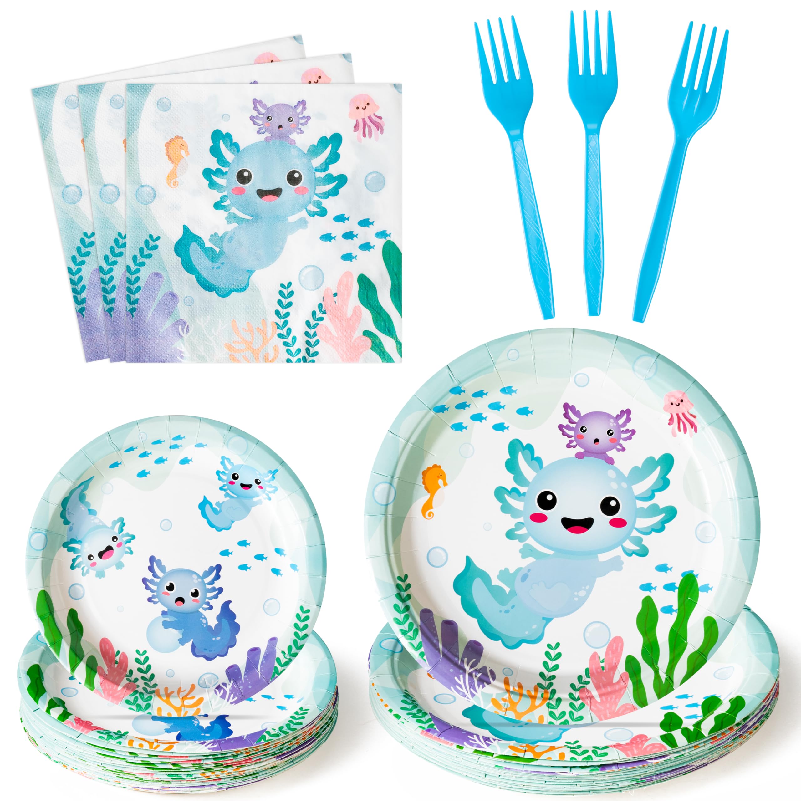 G1ngtar 96Pcs Blue Axolotl Party Plates Supplies - Cute Cartoon Axolotl Party Tableware Decorations Animals Disposable Paper Plates Napkins Forks for Kids Boy Birthday Baby Shower, Serves 24