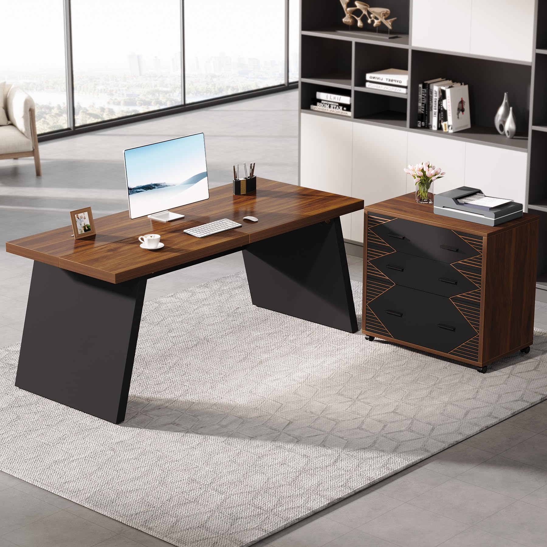 Tribesigns L-Shaped Executive Desk, 62" Large Home Office Computer Desk with 2 Storage Drawers and Letter Size File Cabinet, Workstation Business Furniture Set (Oak & Black)