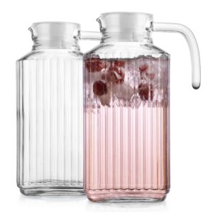 fridge pitcher set of 2– 60 oz. glass water pitcher with lid by home essentials & beyond practical and easy to use fridge pitcher great for lemonade, iced tea, milk, cocktails and more beverages.