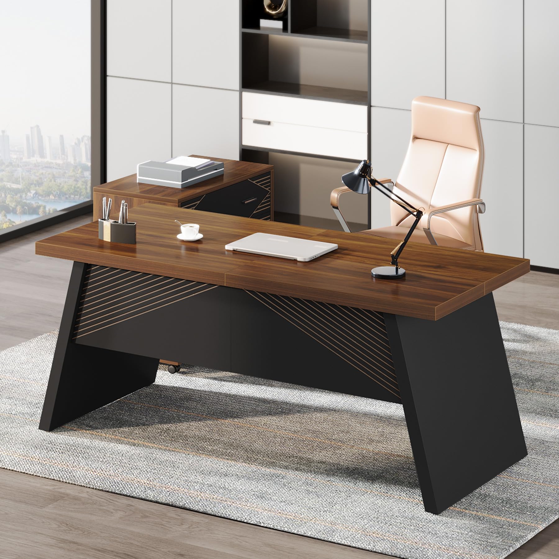 Tribesigns L-Shaped Executive Desk, 62" Large Home Office Computer Desk with 2 Storage Drawers and Letter Size File Cabinet, Workstation Business Furniture Set (Oak & Black)