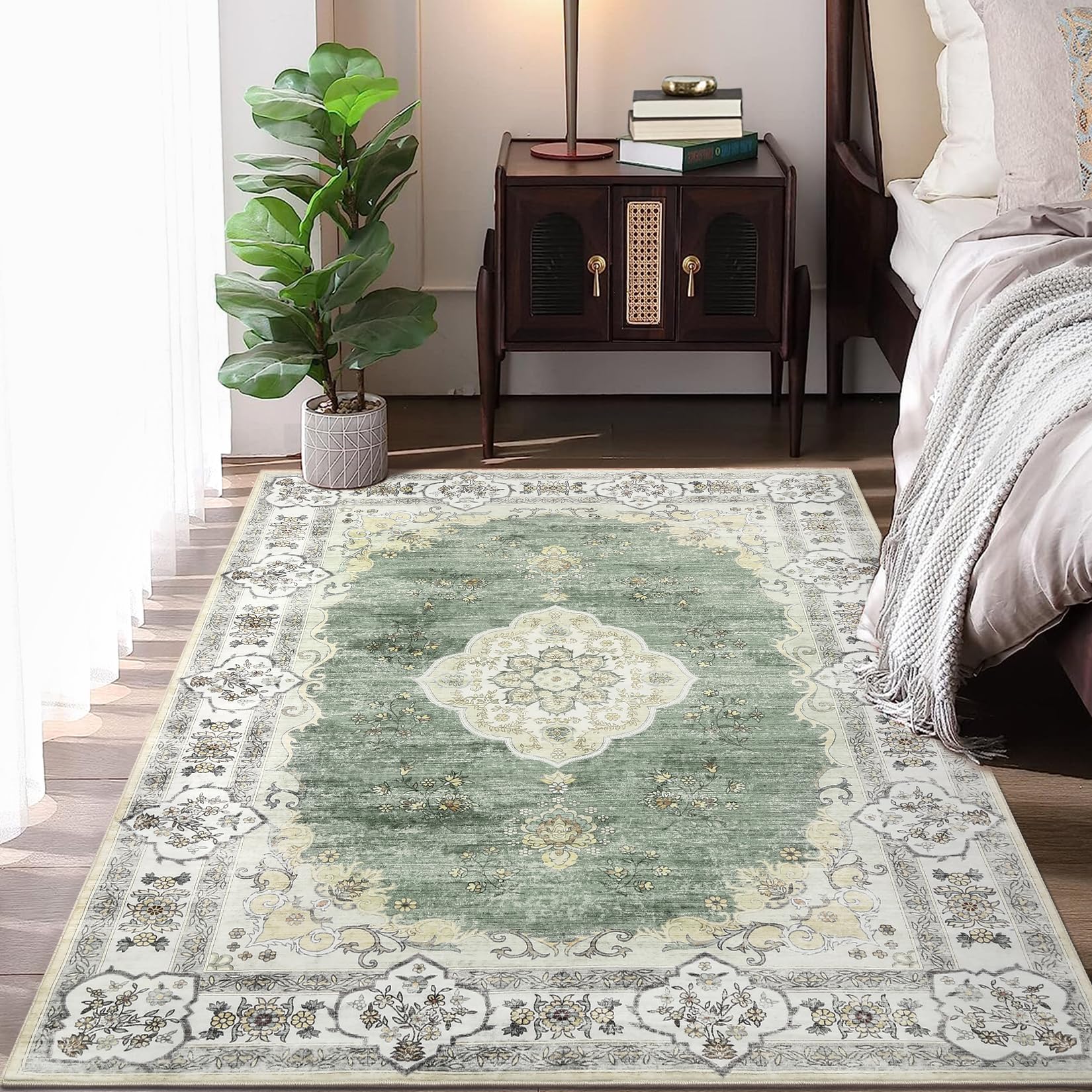 GarveeHome Rugs for Living Room 9x12 Washable Soft Rug Vintage Rugs Non Slip Distressed Rug Low Pile Thin Rug Stain Resistant Accent Throw Rug for Bedroom, Green