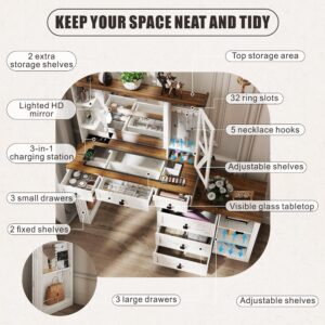FREDEES Farmhouse Vanity Desk with Mirror and Lights, Makeup Vanity Table with 6 Drawers/Large Storage,White Dressing Table 3 Colors Adjustable Lighting Brightness & Charging Station for Women