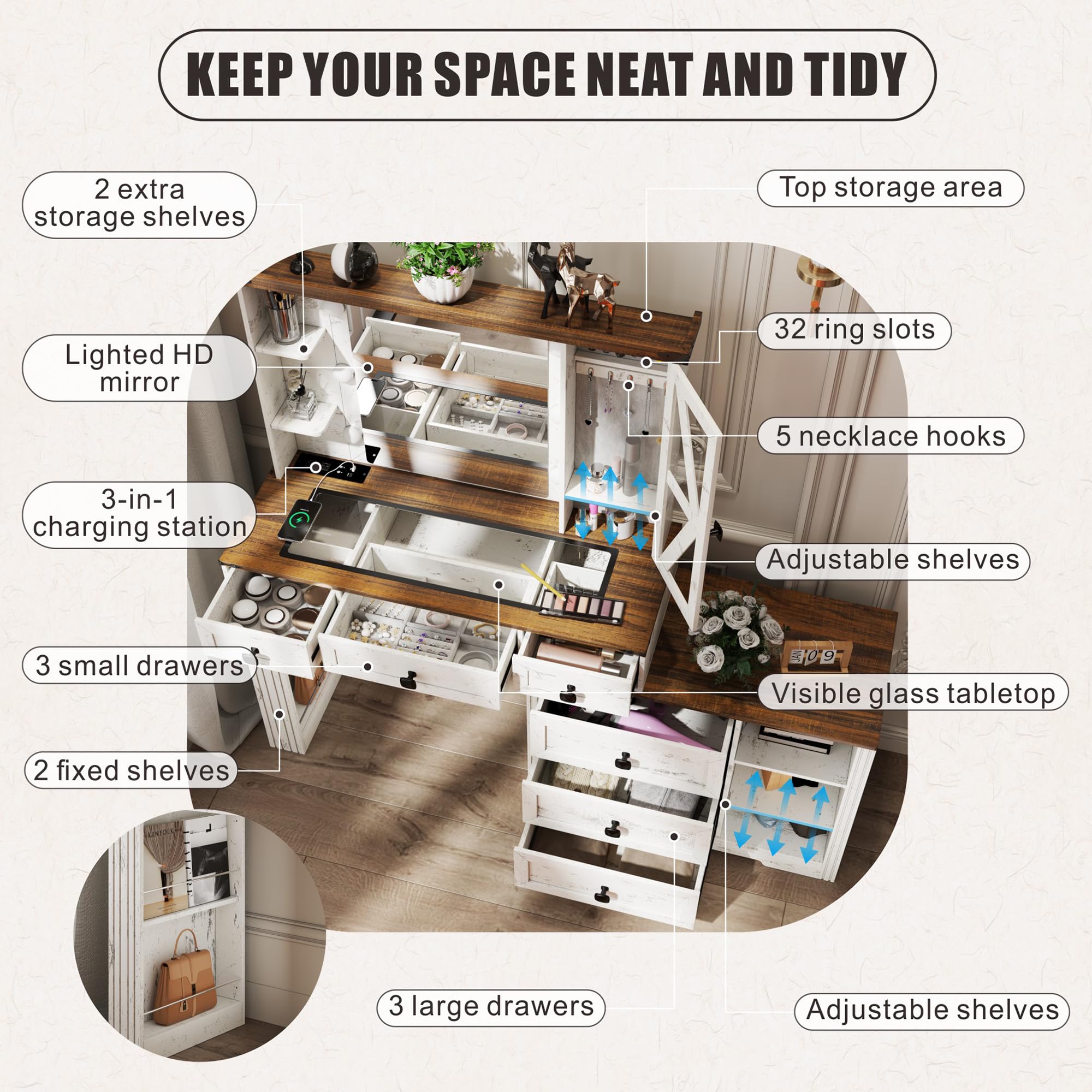 FREDEES Farmhouse Vanity Desk with Mirror and Lights, Makeup Vanity Table with 6 Drawers/Large Storage,White Dressing Table 3 Colors Adjustable Lighting Brightness & Charging Station for Women