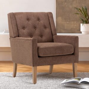 COLAMY Mid-Century Accent Chairs, Modern Wingback Living Room Chair, Upholstered Armchair with Button Tufted Back and Wood Legs for Bedroom/Reading Spaces/Office, Brown