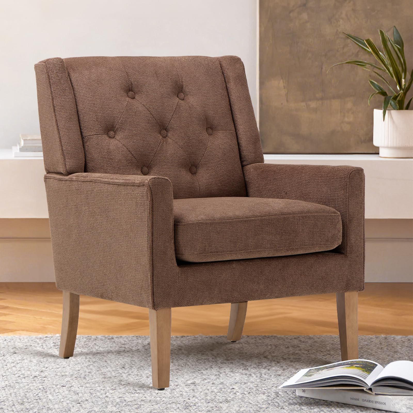 COLAMY Mid-Century Accent Chairs, Modern Wingback Living Room Chair, Upholstered Armchair with Button Tufted Back and Wood Legs for Bedroom/Reading Spaces/Office, Brown