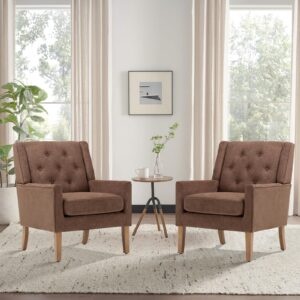 COLAMY Mid-Century Accent Chairs, Modern Wingback Living Room Chair, Upholstered Armchair with Button Tufted Back and Wood Legs for Bedroom/Reading Spaces/Office, Brown