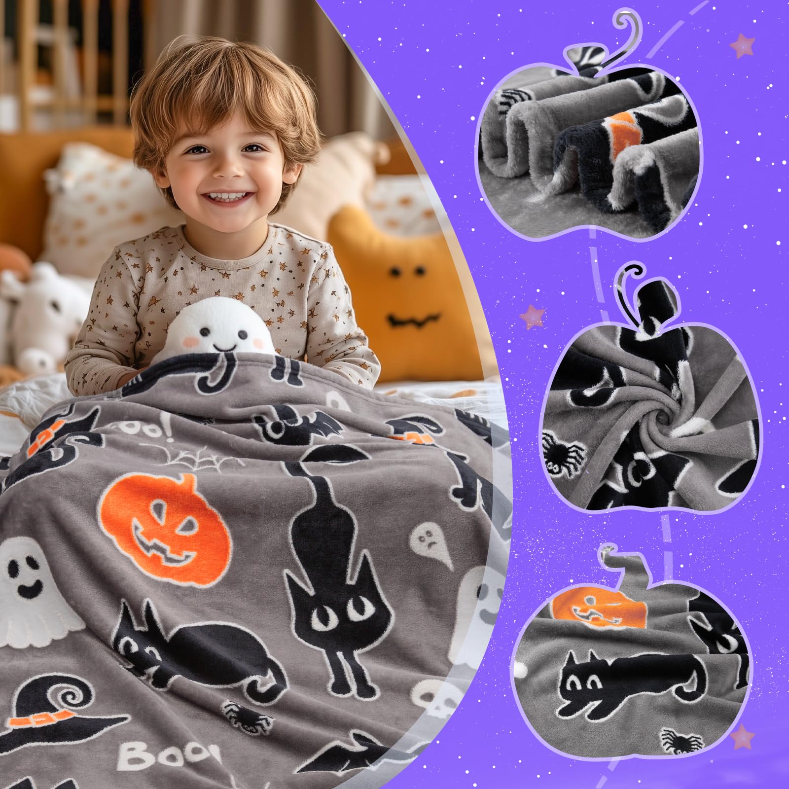 Halloween Decorations Gifts for Girls Boys Toys - Glow in The Dark Halloween Blanket Costumes for Kids 3 4 5 6 7 8 9 10 11 12 13 Years Old - Ghost Blanket with Boo Pumpkin Cat Bat Halloween Decor