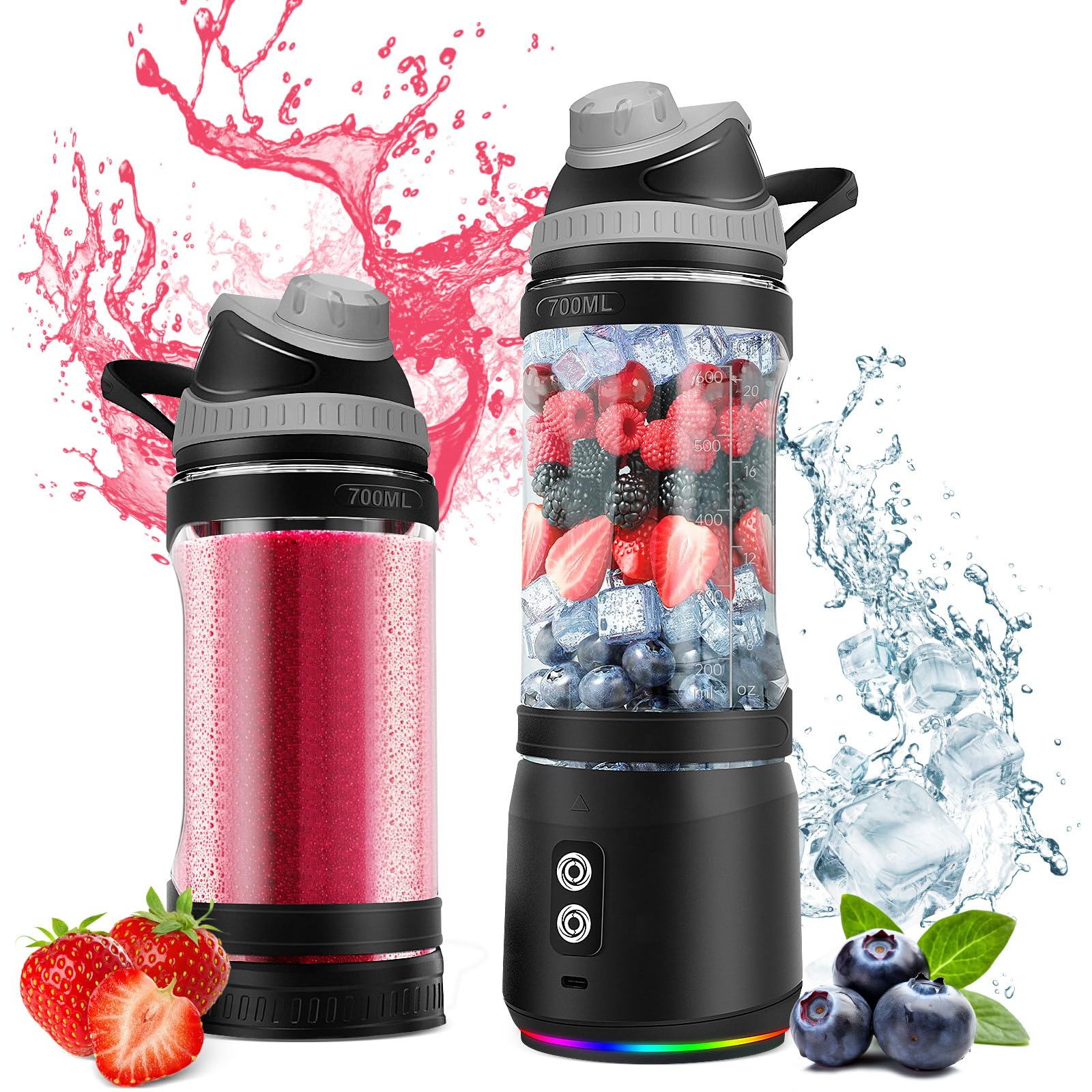 Portable Blender, 300W Personal Mini Blender for Shakes and Smoothies, 24oz Compact Travel Blender with 6000mah USB-C Rechargeable, Intelligent Cleaning Travel Lid & BPA-Free Bottle (Black)