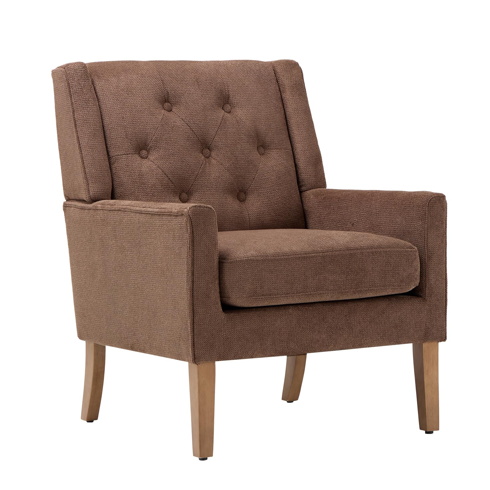 COLAMY Mid-Century Accent Chairs, Modern Wingback Living Room Chair, Upholstered Armchair with Button Tufted Back and Wood Legs for Bedroom/Reading Spaces/Office, Brown