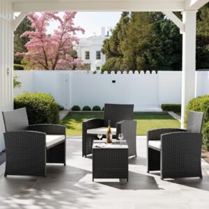 Amopatio Outdoor Furniture Set,4 Pieces Black Rattan Wicker Conversation Sets Sectional Sofa with White Cushions