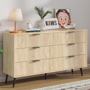 6 Drawer Double Dresser for Bedroom, Modern Dressers Chest of Drawers with Fluted Panel, Wide Wood Storage Dresser Organizer, Dresser TV Stand for Bedroom, Living Room (6Drawer-Wood-wu)