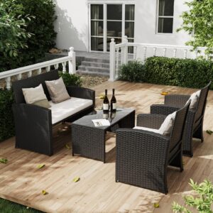 Amopatio Outdoor Furniture Set,4 Pieces Black Rattan Wicker Conversation Sets Sectional Sofa with White Cushions